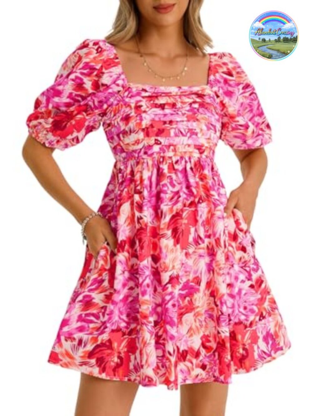Women's Square Neck Floral Mini Dress Puff Sleeve Babydoll Summer